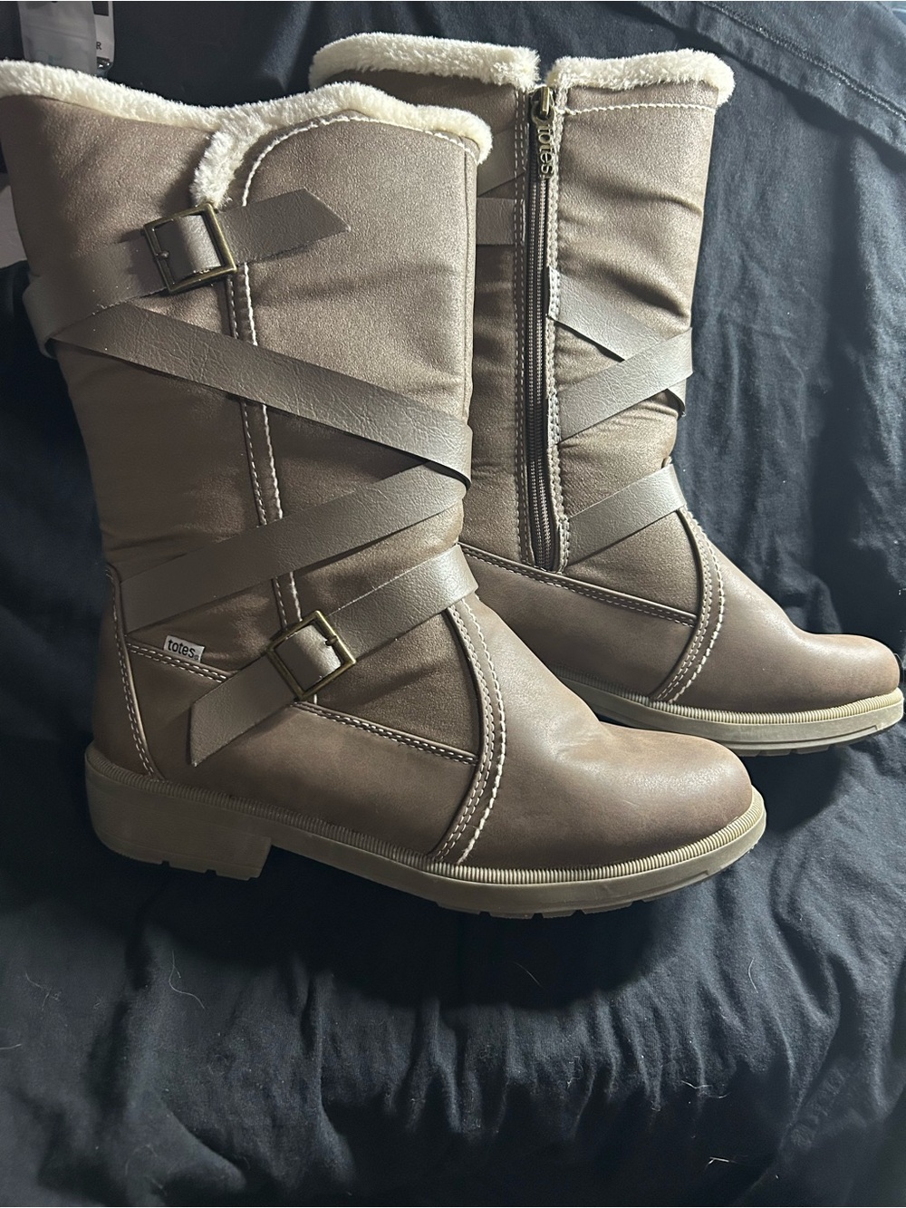 totes Taupe Mid-Calf Faux-Shearling Winter Boots